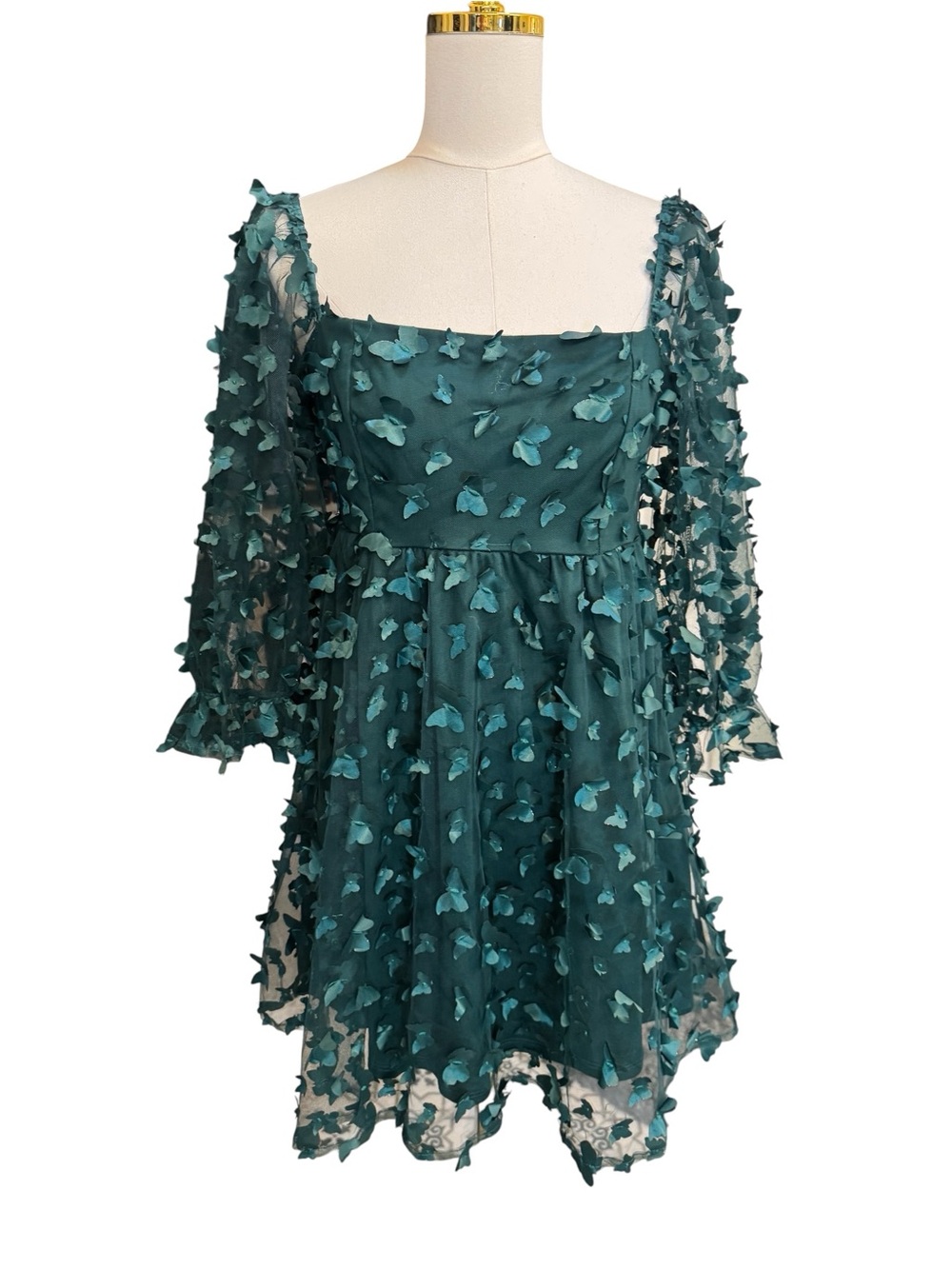 THIRTY THIRTY Butterfly Mesh Babydoll Dress Size M Green Sheer Sleeve